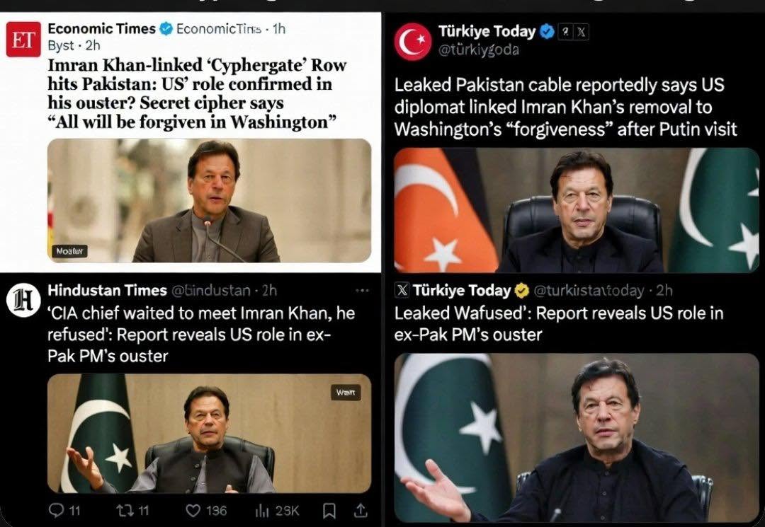 اس وقت انٹرنیشنل میڈیا پر سائفر کی نیوز چل رہی ہے کہ عمران خان کا مؤقف سہی ثابت ہوا
جبکہ یہ بھی لکھا ہے کہ CIA کا چیف عمران خان کے ساتھ ملنا چاہتا تھا لیکن خان نے انکار کر دیا۔